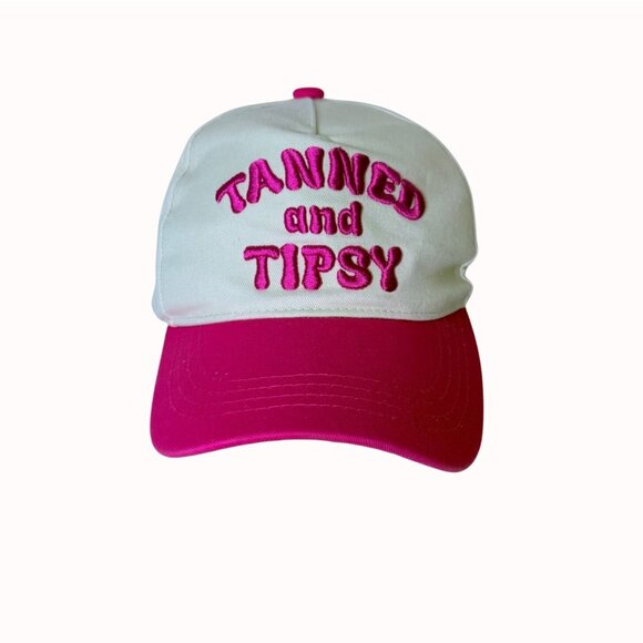 Tanned and Tipsy Embroidered Baseball Cap Pink White Hat Cruise Vacation Summer - Picture 2 of 9